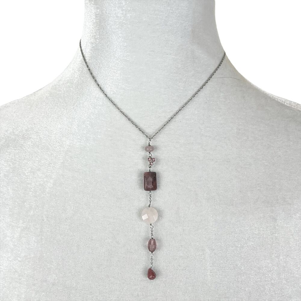 Silver Tone Chain Necklace with Purple Beaded Y-Drop Pendant